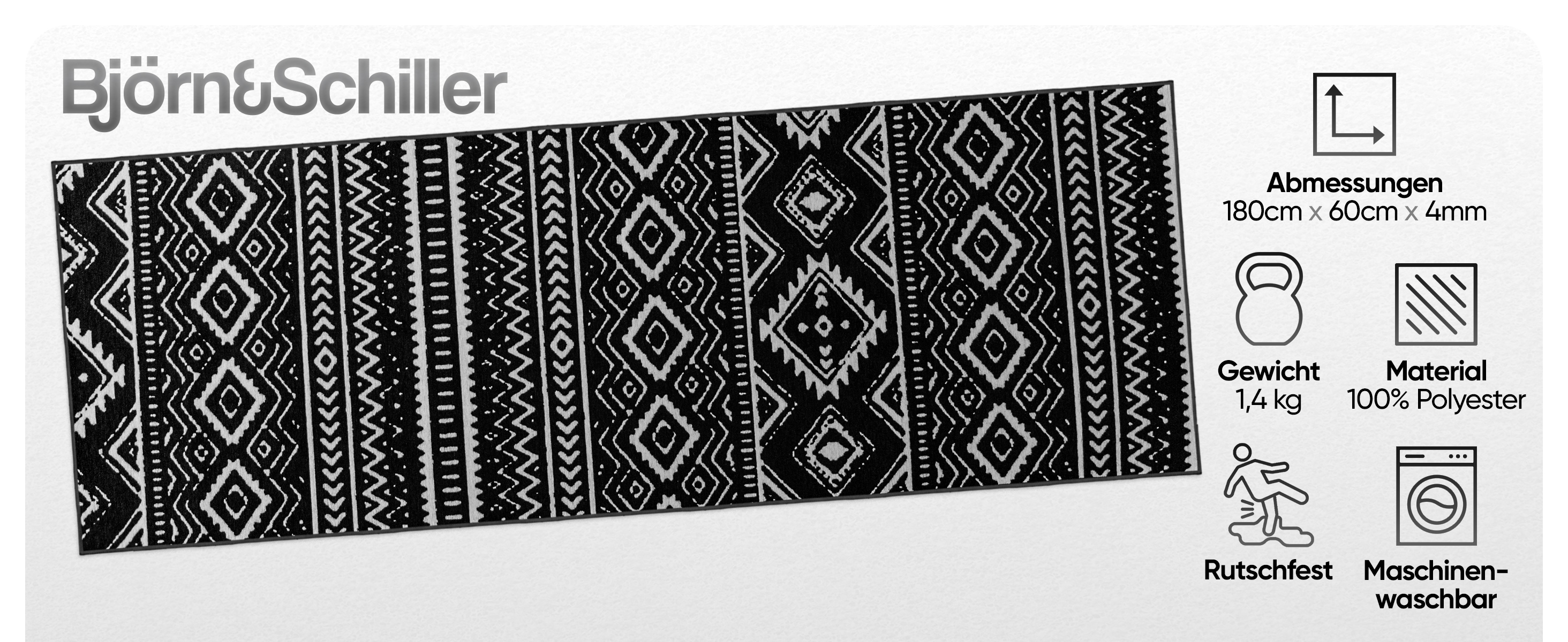 Björn&Schiller Teppichläufer 60x180 cm, rutschfester Teppich schwarz (Onyx Lattice) moderner Flurteppich lang, hochwertiger Küchenteppich-1