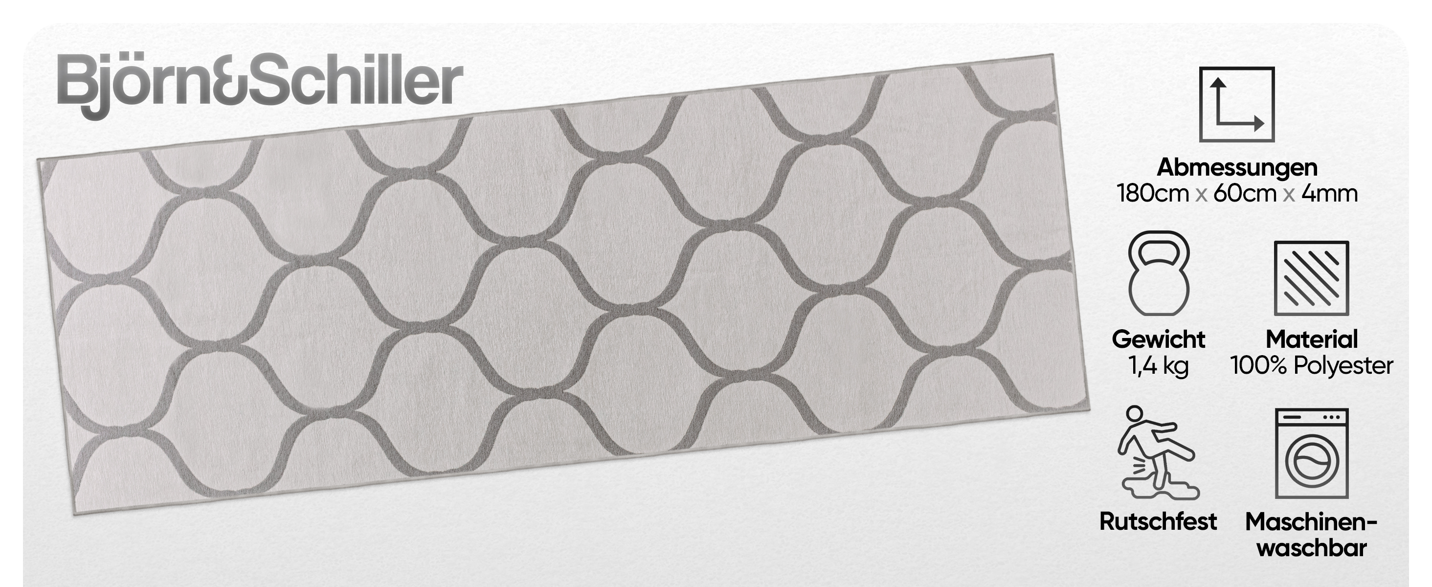 Björn&Schiller Teppichläufer 60x180 cm, rutschfester Teppich schwarz (Snow Wave) moderner Flurteppich lang, hochwertiger Küchenteppich-1